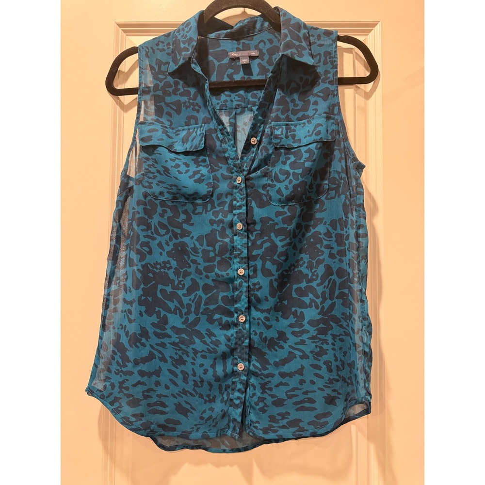 Gap Womens Sleeveless Button Down Shirt Teal Black‎ Animal Print Chiffon Top S